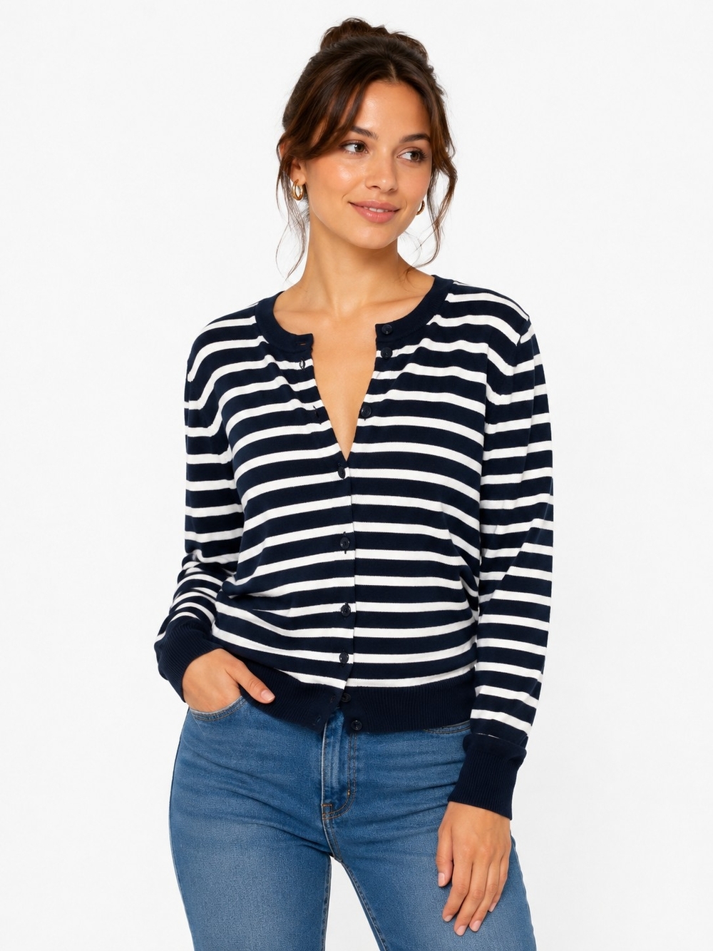 Navy and White Striped Button-Front Cardigan